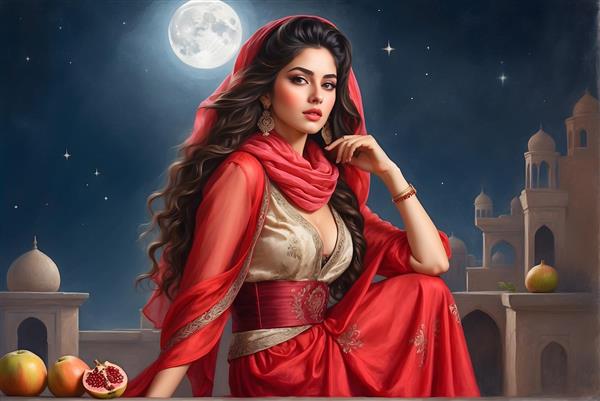 شب یلدا جشن دختر ایرانی با لباس قرمز و انار
