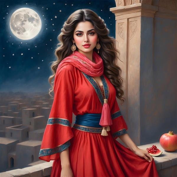 دختر زیبا ایرانی در لباس قرمز شب یلدا