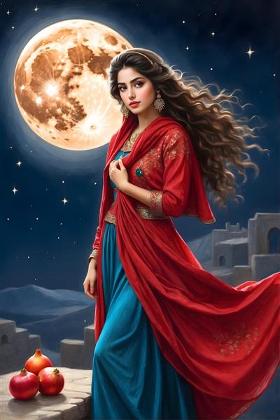 درخشش ماه و ستاره بر دختر ایرانی در شب یلدا