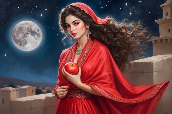 تصویرسازی نقاشی دیجیتال شب یلدا سنت ایرانی با دختر زیبای ایرانی