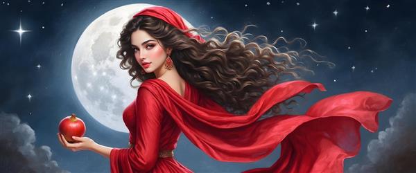 طرح نقاشی دیجیتال شب یلدا دختر ایرانی با لباس قرمز و انار جلوه ای از سنت ایرانی و درخشش ماه و ستاره