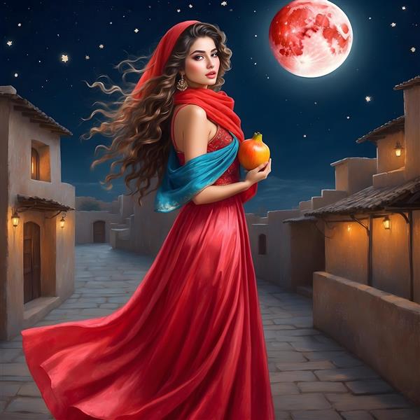 نقاشی دیجیتال شب یلدا با دختر زیبا ماه و ستاره