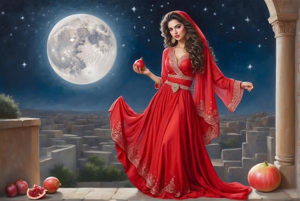 دختر زیبای ایرانی در لباس بلند قرمز شب یلدا و سنت