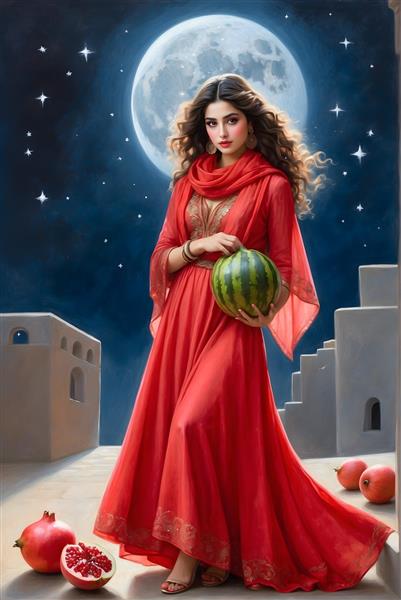 تصویرسازی شب یلدا با دختر زیبا لباس بلند قرمز و سنت ایرانی