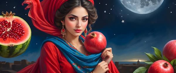دختر ایرانی شب یلدا با لباس قرمز طرح عریض