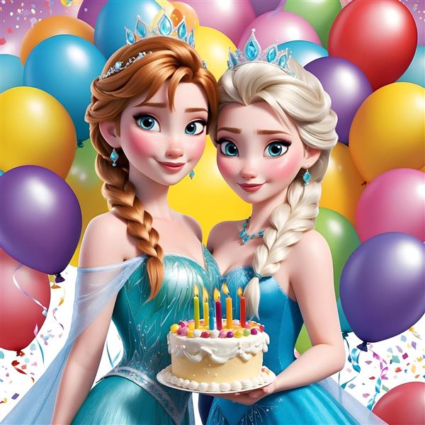 پوستر کارتونی السا و آنا با کیک تولد با حاشیه زیبا