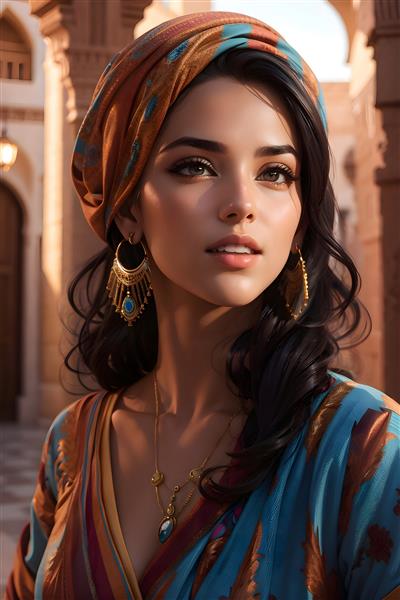 پوستر نقاشی دیجیتال جذاب چهره دختری در مراکش در سبک پرتره