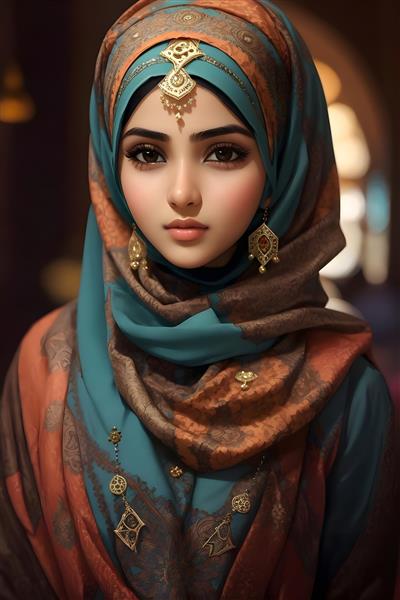 پوستر نقاشی جذاب چهره دختر باحجاب مسلمان در سبک پرتره