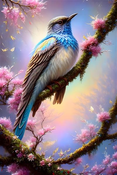 پوستر نقاشی دیجیتال پرنده با شکوفه های صورتی تخیلی رنگارنگ جذاب