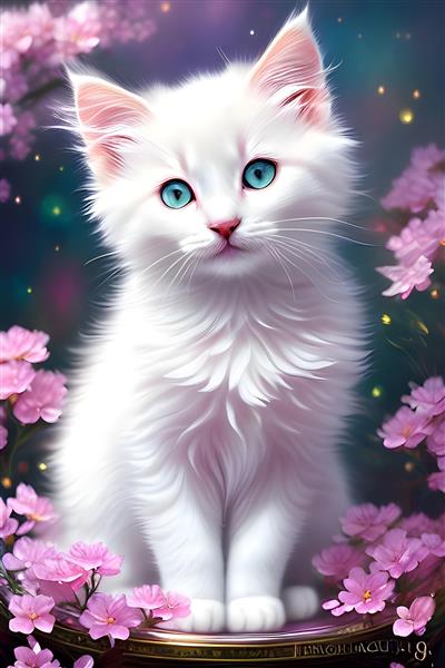 پوستر نقاشی دیجیتال گربه جذاب تخیلی با گل های صورتی