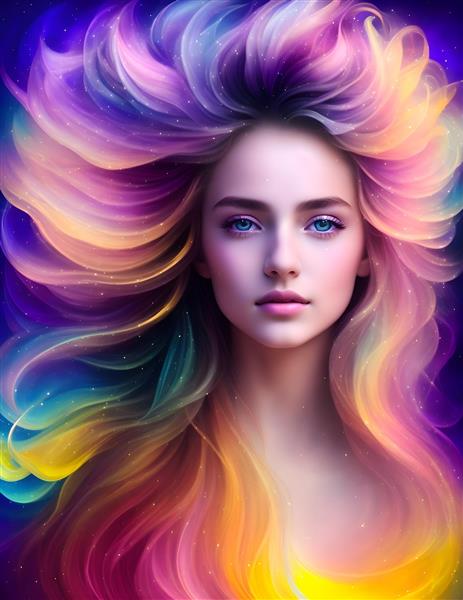 نقاشی دیجیتال از چهره دختری با موهای بلند رنگارنگ در باد