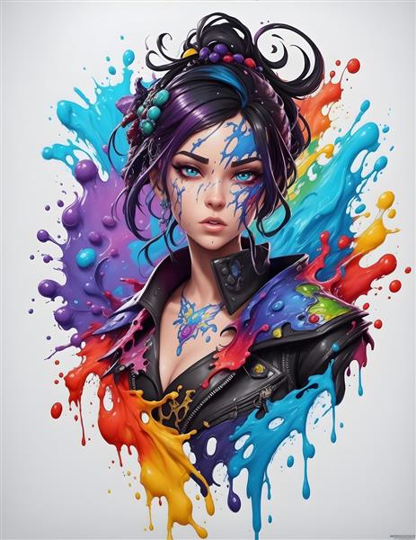 پوستر نقاشی دیجیتال دختری با موهای مشکی در پاشش رنگارنگ