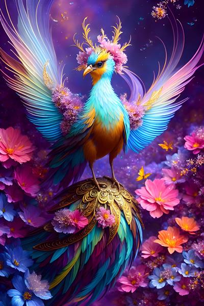 تصویرسازی دیجیتال پرنده رویایی تخیلی رنگارنگ