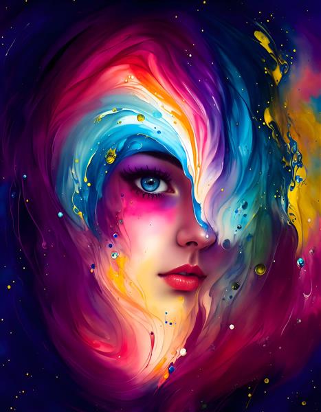 نقاشی دیجیتال سورئال از چهره دختری در شفق های کهکشانی رنگارنگ