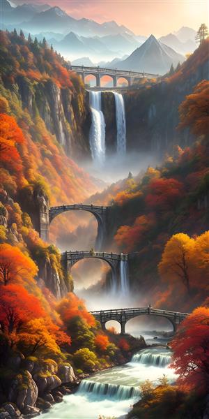 منظره زیبا از آبشار و درختان پاییزی