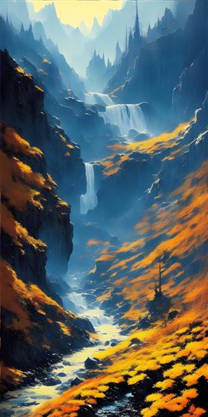منظره نقاشی آبشار کوهستانی زیبا