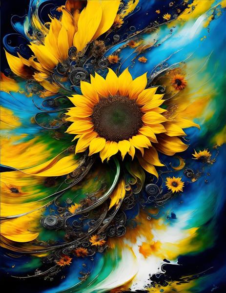 تصویرسازی دیجیتال آفتابگردان با زمینه آبی و زرد