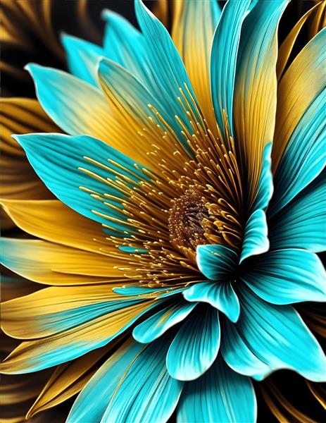 نقاشی دیجیتال گل‌های سه بعدی طلایی و فیروزه‌ای با طرح فانتزی