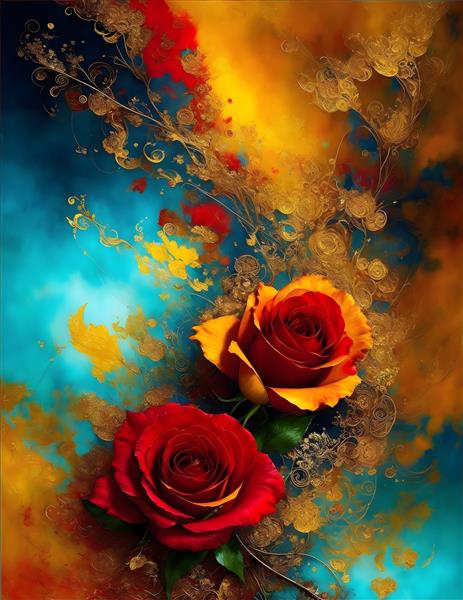 طرح فنگ شویی نقاشی گل رز قرمز در زمینه طلایی