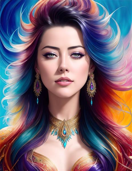 تصویرسازی جذاب امبر هرد با موهای مشکی در زمینه رنگارنگ
