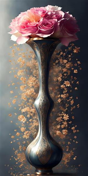 نقاشی گلدان طلایی گل‌های زیبا و لاکچری اثری هنری و ارزشمند