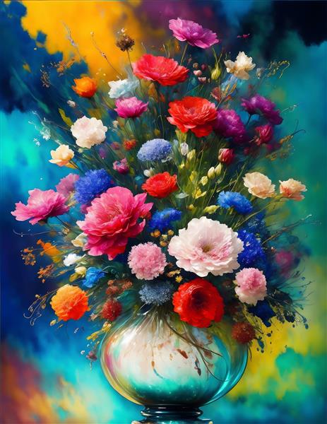 نقاشی گلدان گل‌ های رنگارنگ