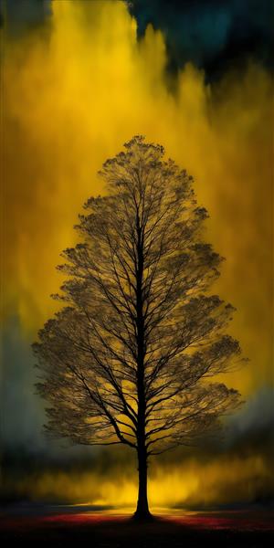 طرح زیبا نقاشی دیجیتال سیلوئت درخت با پس زمینه طلایی