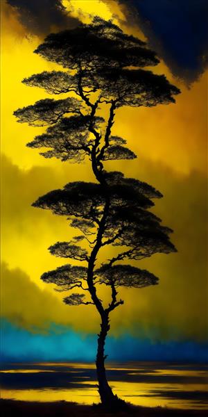 تابلو دکوراتیو تصویرسازی دیجیتال درخت سیلوئت با پس زمینه طلایی