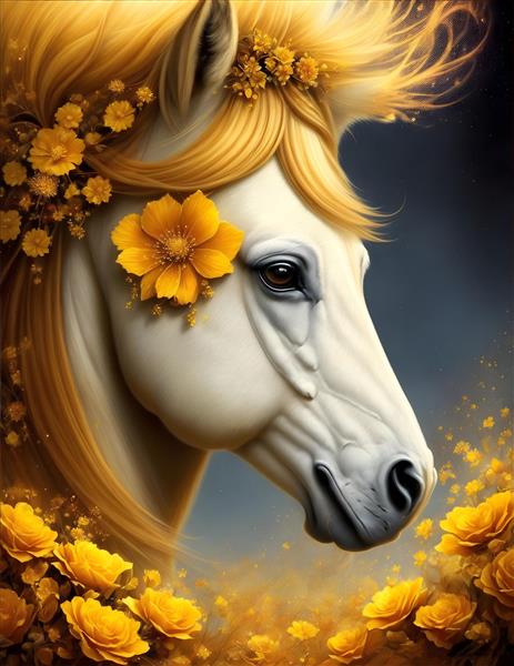 پوستر دیواری اسب طلایی و گل‌های فانتزی