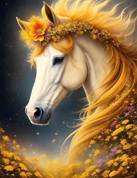 تابلو دکوراتیو اسب طلایی و گل‌ها