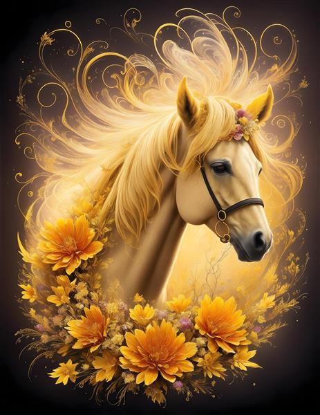 پوستر دیواری فانتزی اسب طلایی با گل‌های رنگارنگ