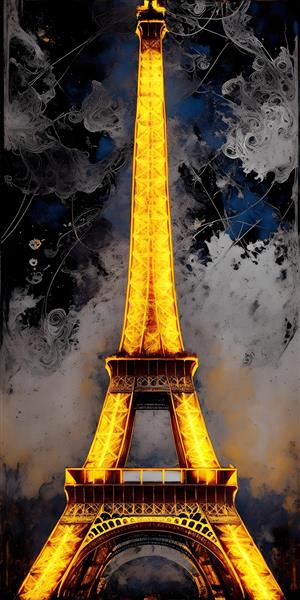 نقاشی آبرنگ فانتزی برج ایفل طلایی در پاریس