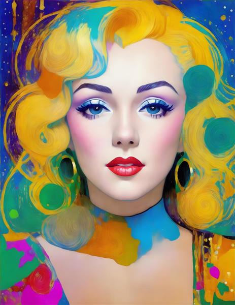 پوستر لوکس تصویرسازی دیجیتال مرلین مونرو در سبک گوستاو کلیمت با قاب طلایی
