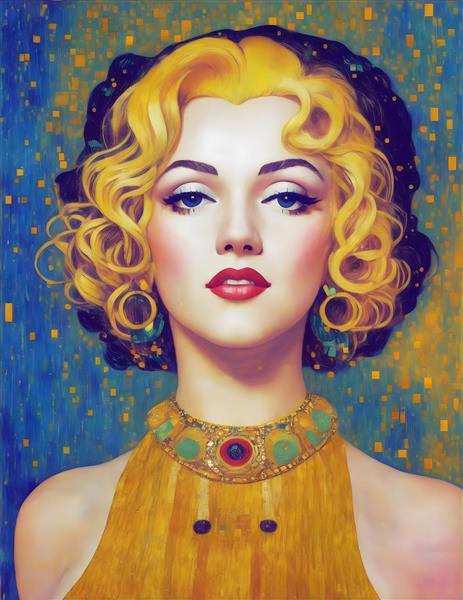 تابلو لاکچری نقاشی دیجیتال مرلین مونرو در سبک گوستاو کلیمت با پس زمینه طلایی