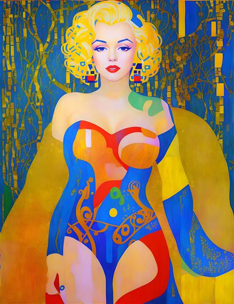 تابلو دکوراتیو نقاشی دیجیتال مرلین مونرو در سبک گوستاو کلیمت با رنگ طلایی
