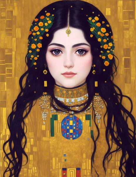تصویرسازی دیجیتال زن جوان با طرح‌های طلایی به سبک گوستاو کلیمت