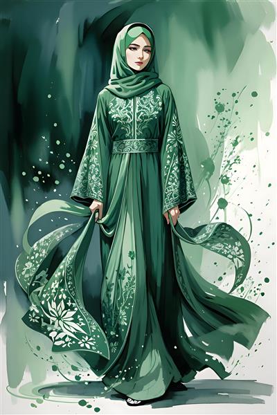 پوستر نقاشی آبرنگی دختر با حجاب و لباس سبز