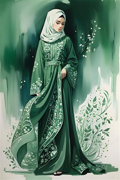 تابلو دکوراتیو نقاشی آبرنگی دختر محجبه با لباس سبز