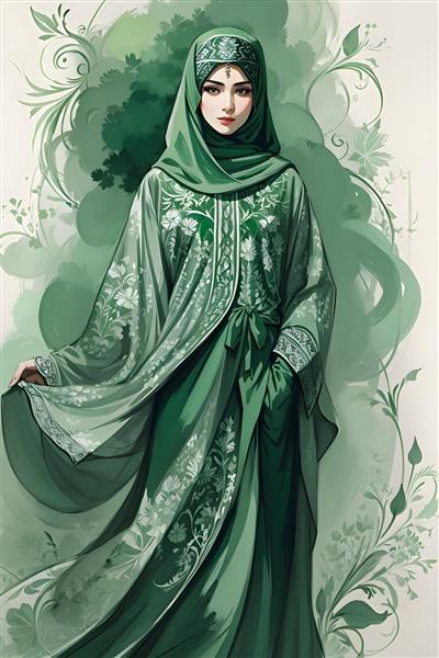 تصویرسازی دیجیتال زن باحجاب با لباس سبز