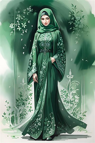 نقاشی دیجیتال دختر مسلمان با لباس سبز