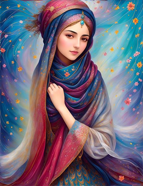 پوستر دیواری مدرن نقاشی دیجیتال دختر ایرانی با حجاب و شال رنگی