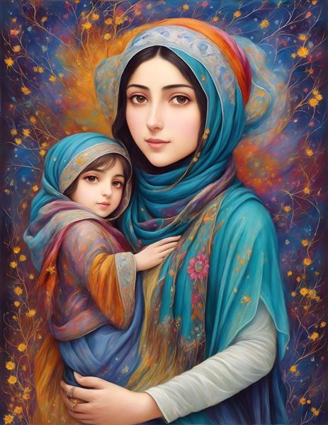 نقاشی دیجیتال مادر و فرزند ایرانی با حال و هوای سنتی