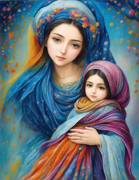 تصویرسازی دیجیتال مادر و فرزند ایرانی با رنگ‌های گرم