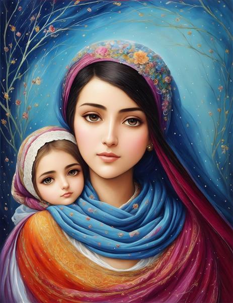 نقاشی دیجیتال مادر و فرزند ایرانی با سبکی خاص