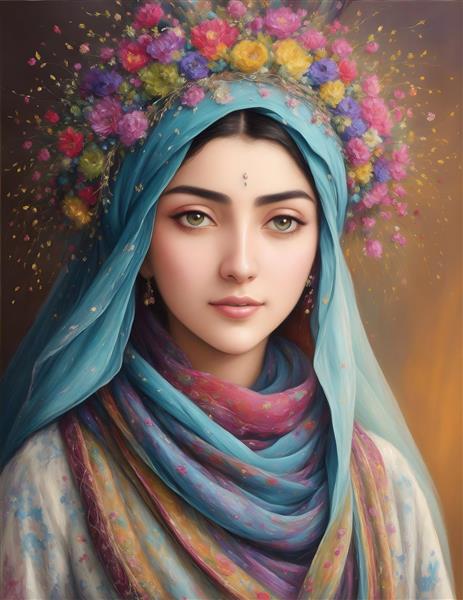 تصویرسازی دیجیتال نگارگری ایرانی زن با شال رنگارنگ
