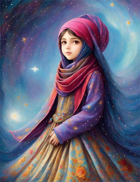 نقاشی مینیاتور ایرانی زیبا از دختر بچه با شال رنگی