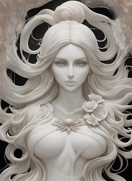 مجسمه سنگی سفید الهه زیبا با موهای بلند