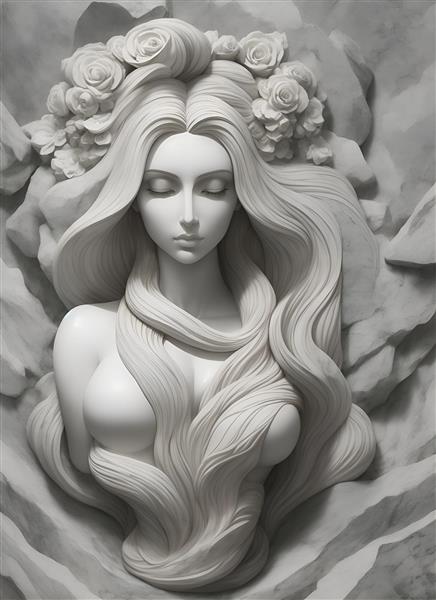تابلو دکوراتیو دیجیتال طرح برجسته مجسمه الهه زیبا با موهای بلند