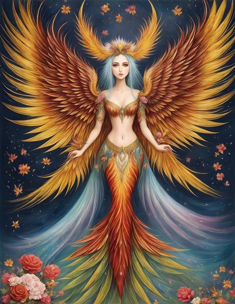 نقاشی دیجیتال تمثال دختر سیمرغ بال‌های رنگین