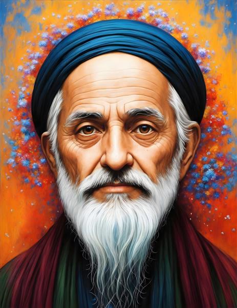 تصویرسازی دیجیتال نگارگری ایرانی پیرمرد ریش سفید با شال توربان ایرانی رنگارنگ و رنگ اکرلیک